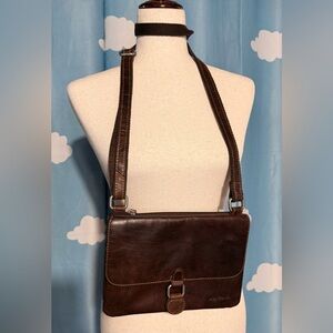 Jack George brown "wallet on a strap" crossbody strap. Brass tone hardware.